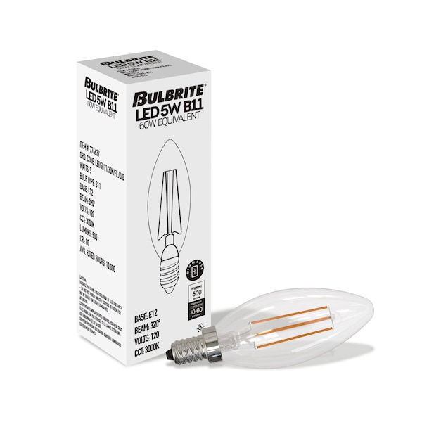 5 Watt Dimmable LED B11 Filament In Clear Glass Finish With Candelabra E12 Base,4 PK